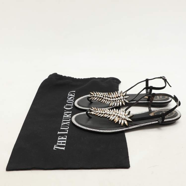 Pre Owned René Caovilla Black Suede Crystal Embellished Thong Sandals Size 37