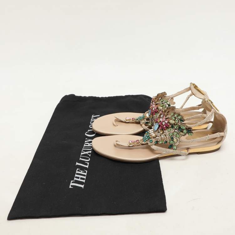 Pre Owned Rene Caovilla Beige/Multicolor Lace and Crystal Embellished Flat Sandals Size 37