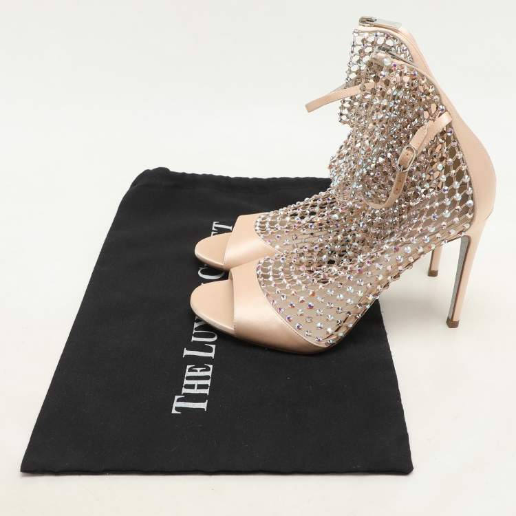 Pre Owned Rene Caovilla Beige Satin and Crystal Embellished Mesh Galaxia Sandals Size 37