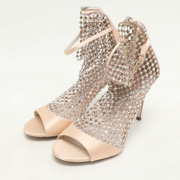 Pre Owned Rene Caovilla Beige Satin and Crystal Embellished Mesh Galaxia Sandals Size 37