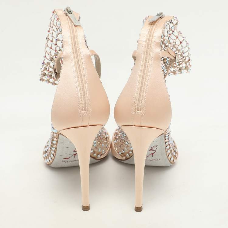 Pre Owned Rene Caovilla Beige Satin and Crystal Embellished Mesh Galaxia Sandals Size 37