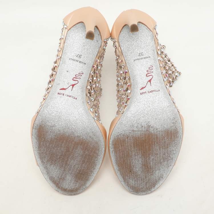 Pre Owned Rene Caovilla Beige Satin and Crystal Embellished Mesh Galaxia Sandals Size 37