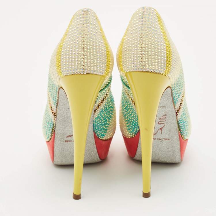 Pre Owned René Caovilla Multicolor Suede Crystal Embellished Platform Peep Toe Pumps Size 37