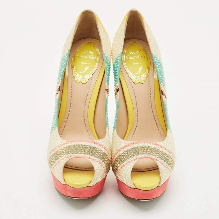 Pre Owned René Caovilla Multicolor Suede Crystal Embellished Platform Peep Toe Pumps Size 37