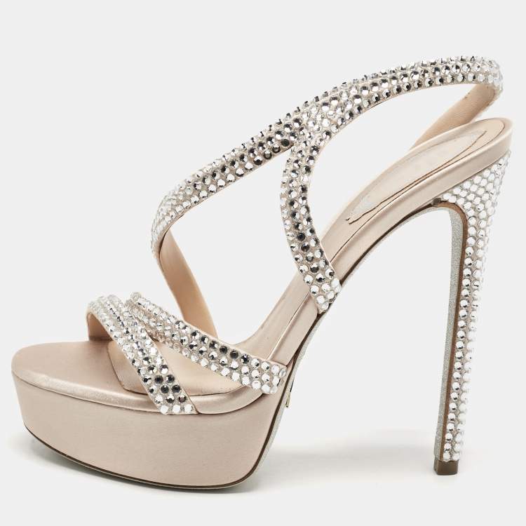 Pre Owned René Caovilla Beige Satin Lisa Crystals Platform Sandals Size 37