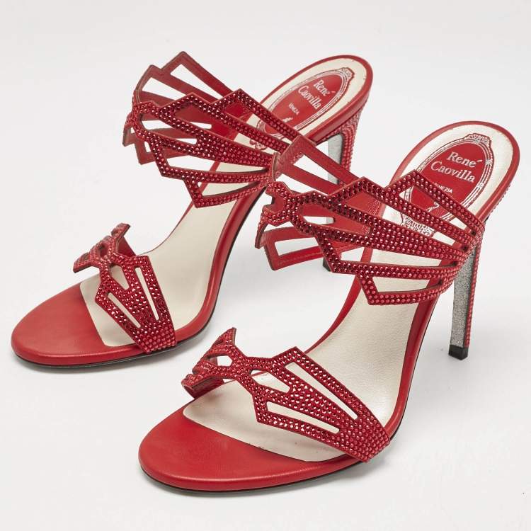 Pre Owned Rene Caovilla Red Suede Nadine Slide Sandals Size 38
