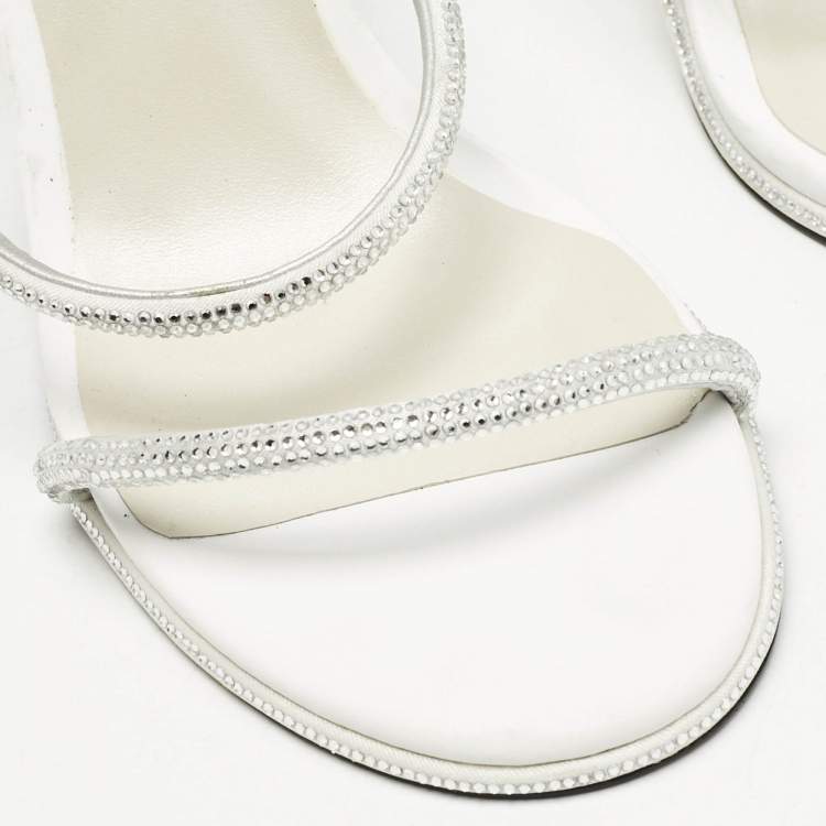 مملوكة مسبقًا René Caovilla Silver Satin Crystal Embellished Cleo Sandals Size 40