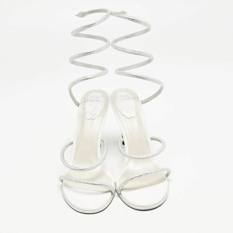 مملوكة مسبقًا René Caovilla Silver Satin Crystal Embellished Cleo Sandals Size 40