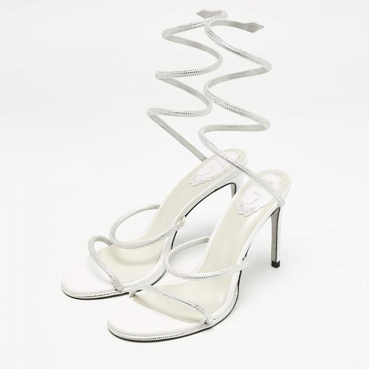 مملوكة مسبقًا René Caovilla Silver Satin Crystal Embellished Cleo Sandals Size 40