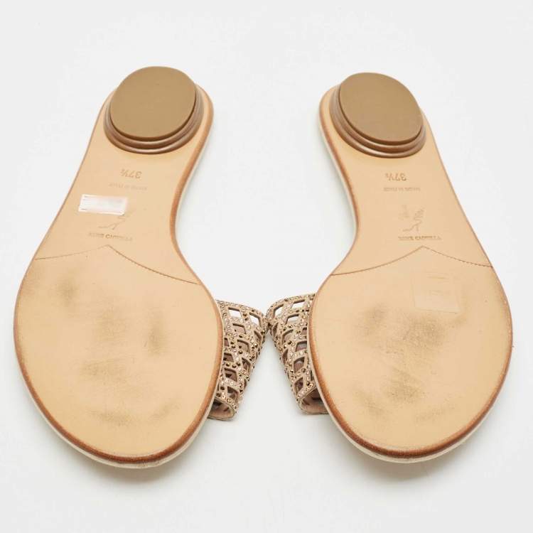 Pre Owned René Caovilla Beige Suede Crystal Embellished Flat Slides Size 37.5