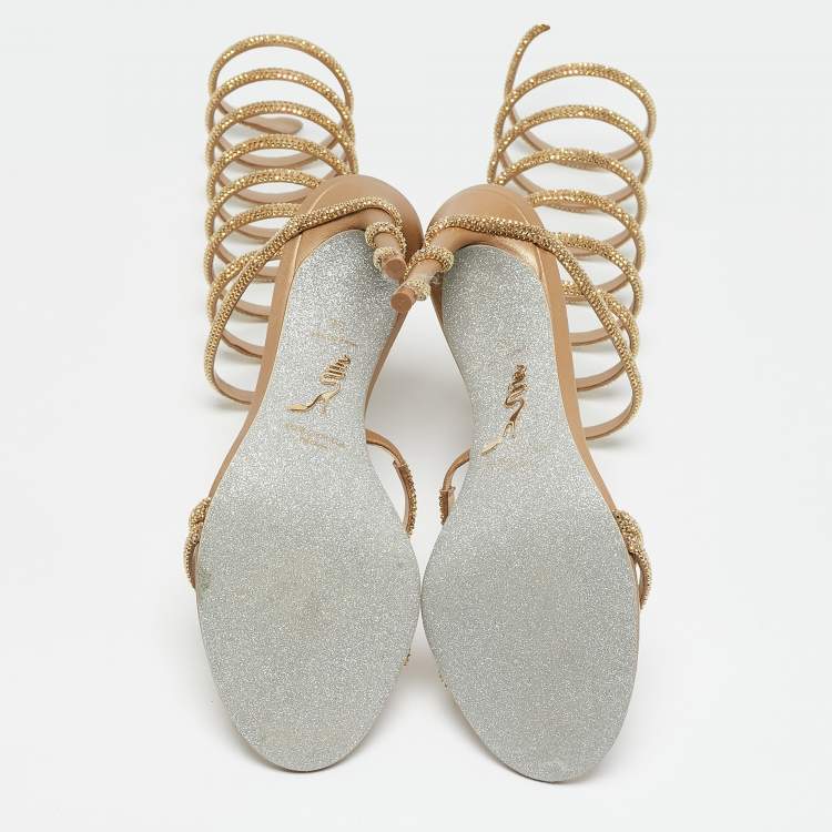Pre Owned René Caovilla Gold Leather Ankle Strap Sandals Size 38