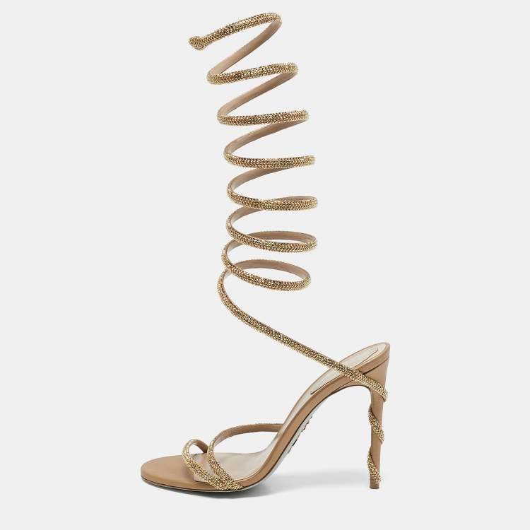 Pre Owned René Caovilla Gold Leather Ankle Strap Sandals Size 38