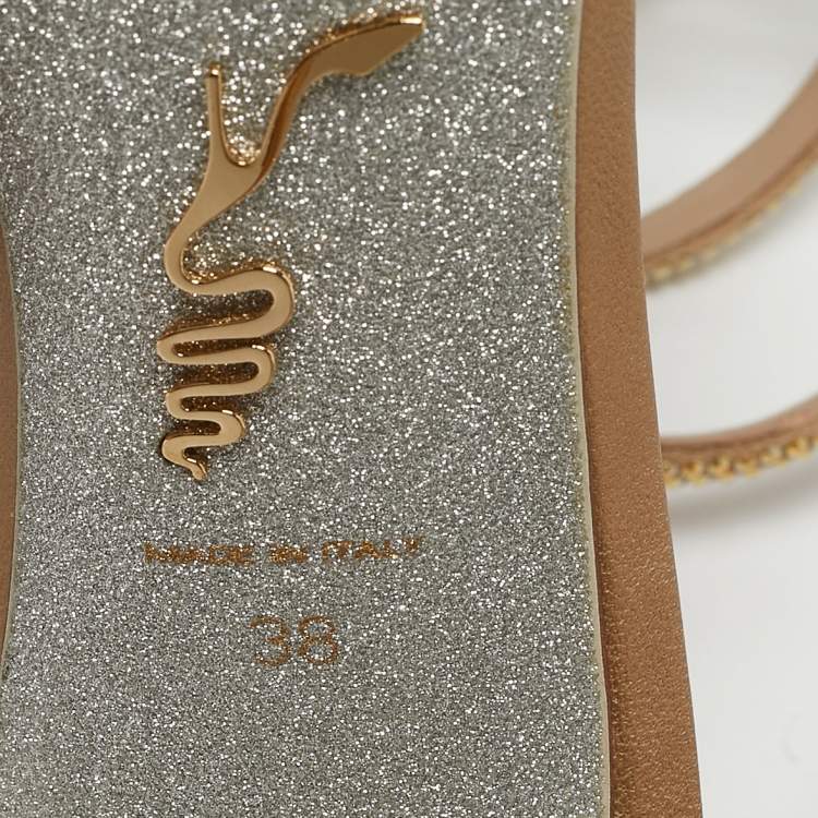 Pre Owned René Caovilla Gold Leather Ankle Strap Sandals Size 38