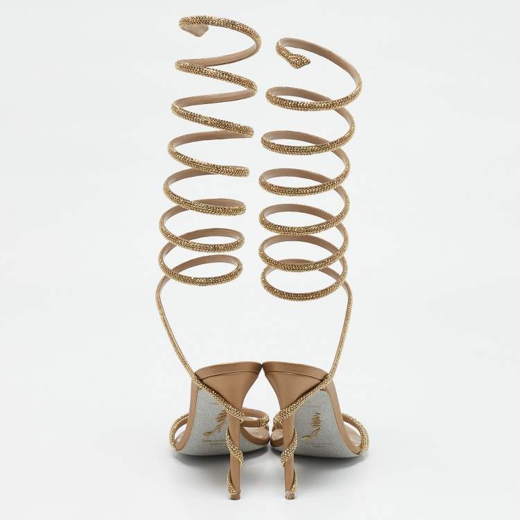 Pre Owned René Caovilla Gold Leather Ankle Strap Sandals Size 38