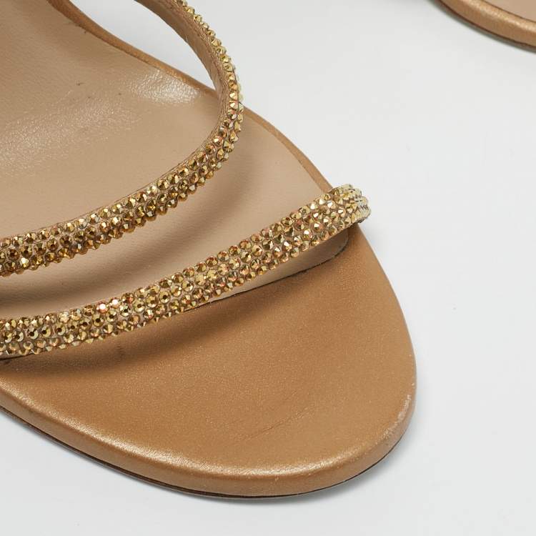 Pre Owned René Caovilla Gold Leather Ankle Strap Sandals Size 38