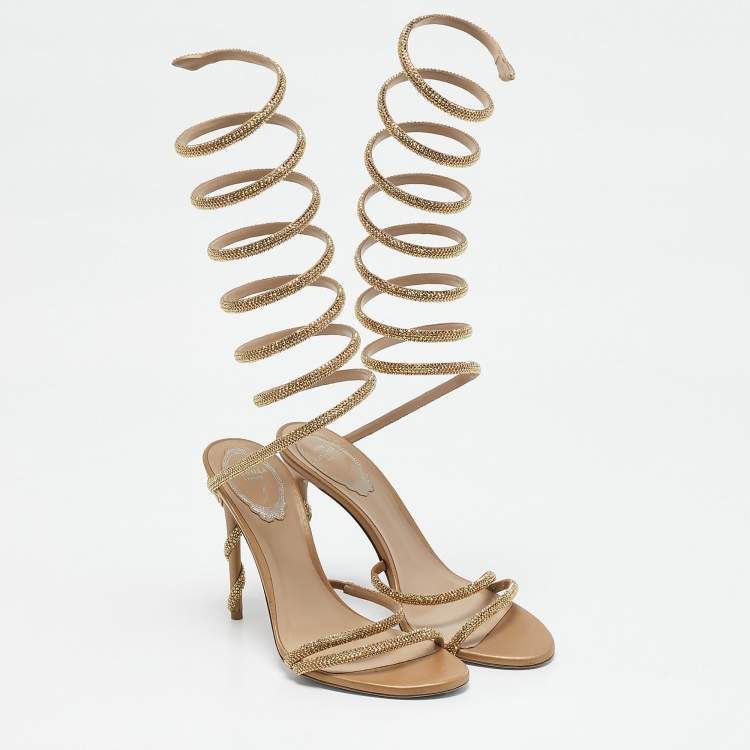 Pre Owned René Caovilla Gold Leather Ankle Strap Sandals Size 38