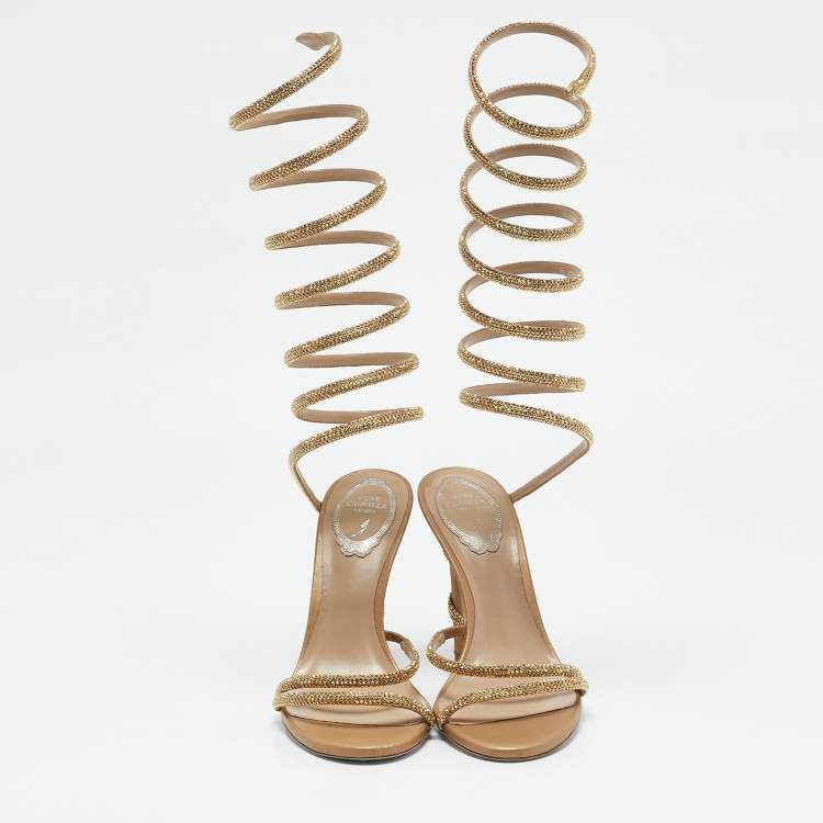 Pre Owned René Caovilla Gold Leather Ankle Strap Sandals Size 38