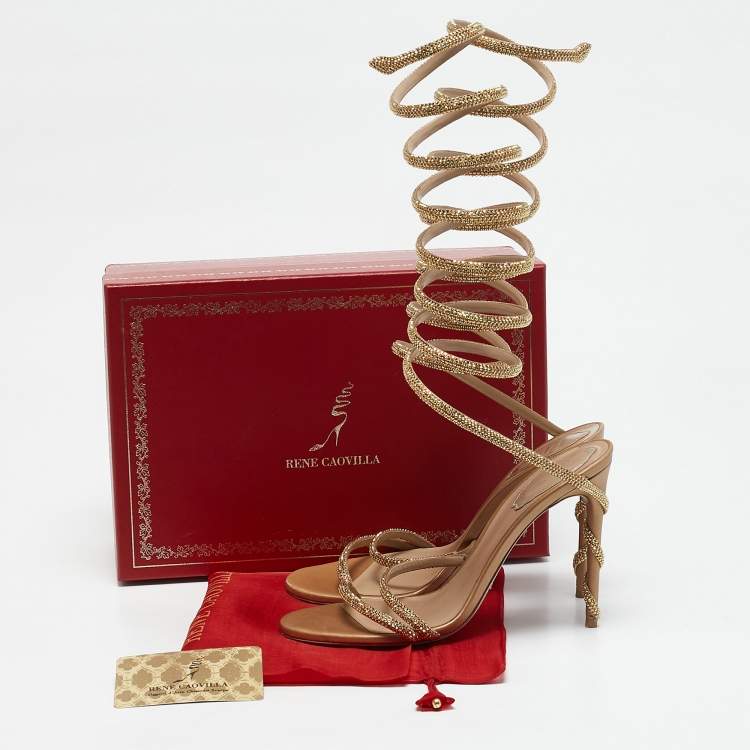 Pre Owned René Caovilla Gold Leather Ankle Strap Sandals Size 38