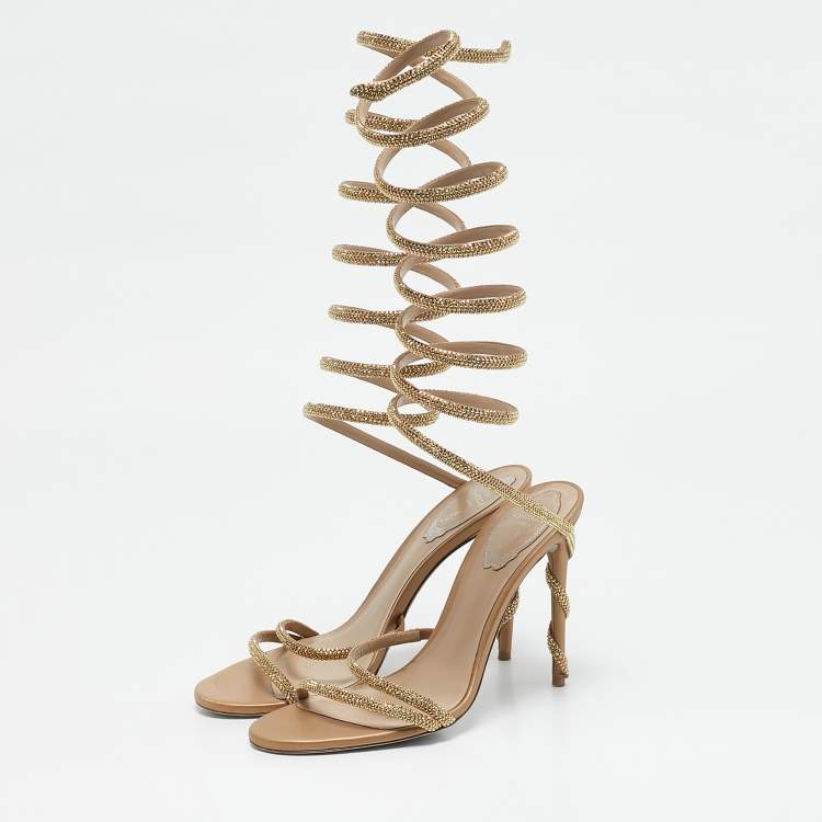 Pre Owned René Caovilla Gold Leather Ankle Strap Sandals Size 38
