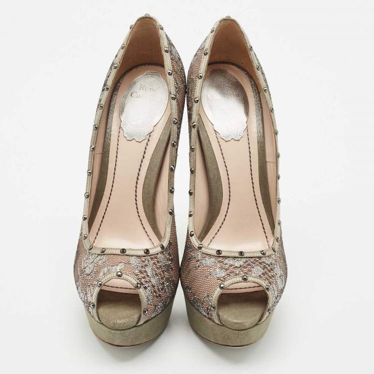 Pre Owned René Caovilla Multicolor Lace and Satin Crystal Embellished Platform Pumps Size 38