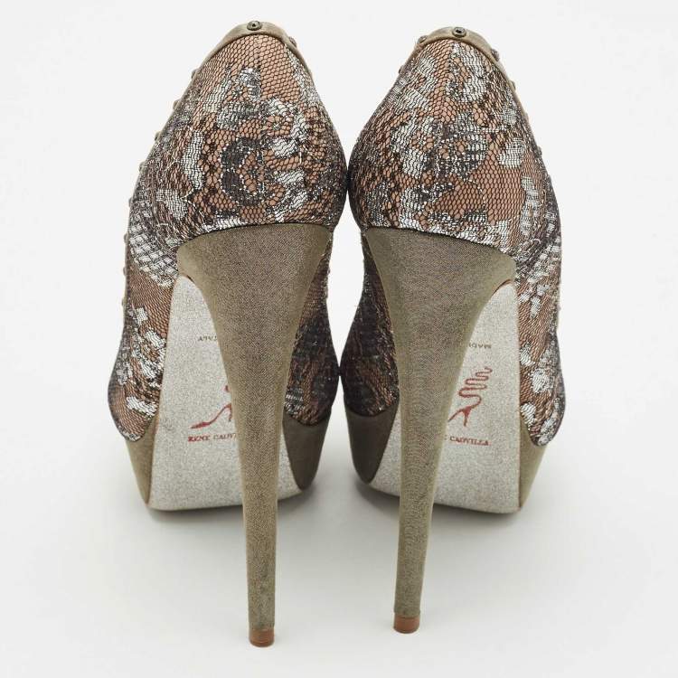 Pre Owned René Caovilla Multicolor Lace and Satin Crystal Embellished Platform Pumps Size 38
