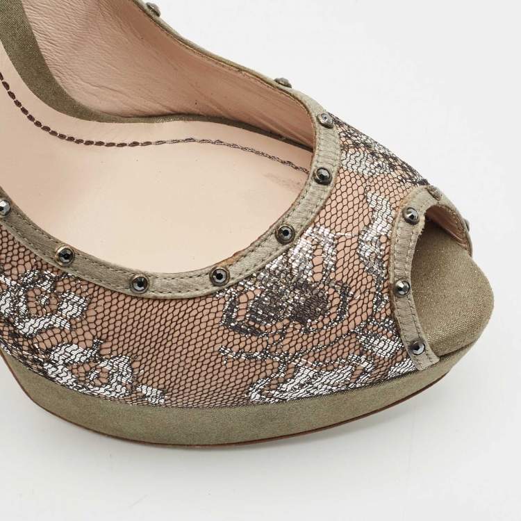 Pre Owned René Caovilla Multicolor Lace and Satin Crystal Embellished Platform Pumps Size 38