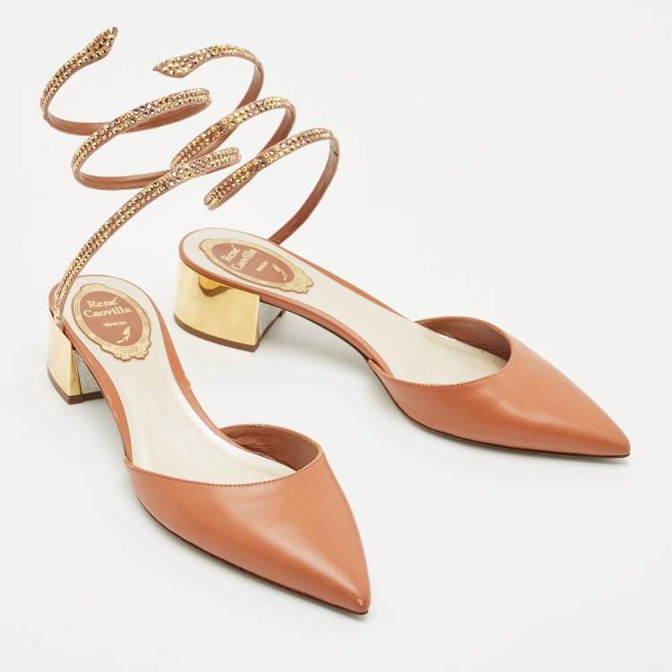 Pre Owned René Caovilla Brown Leather Crystal Embellished Ankle Wrap Pumps Size 37