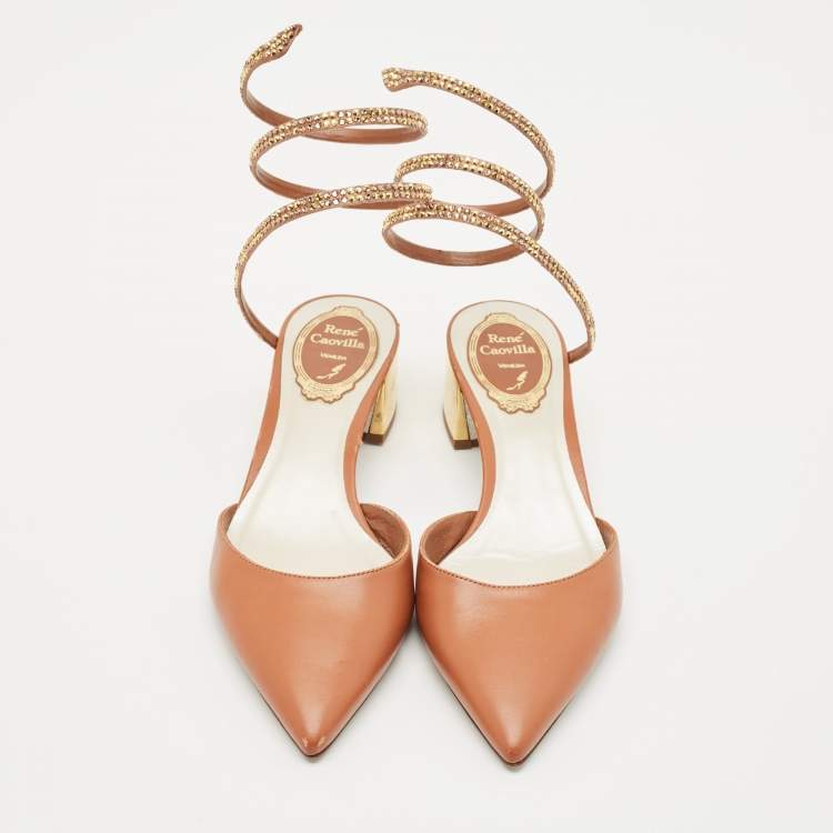 Pre Owned René Caovilla Brown Leather Crystal Embellished Ankle Wrap Pumps Size 37