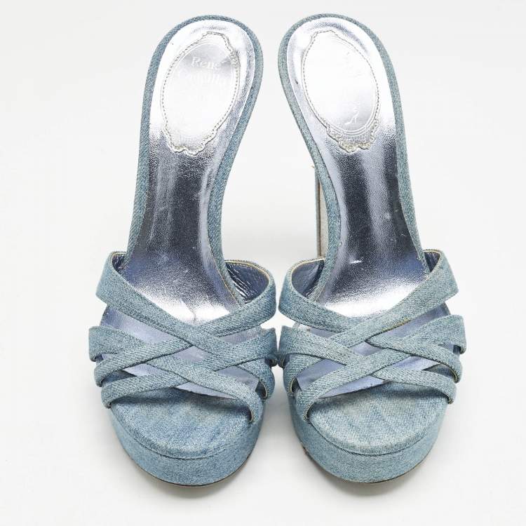 Pre Owned René Caovilla Blue Denim Strappy Platform Slide Sandals Size 37