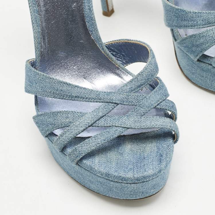 Pre Owned René Caovilla Blue Denim Strappy Platform Slide Sandals Size 37