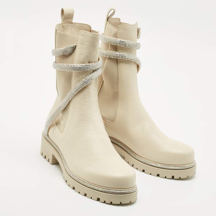 Pre Owned René Caovilla Ivory Leather Cleo Ankle Length Boots Size 39