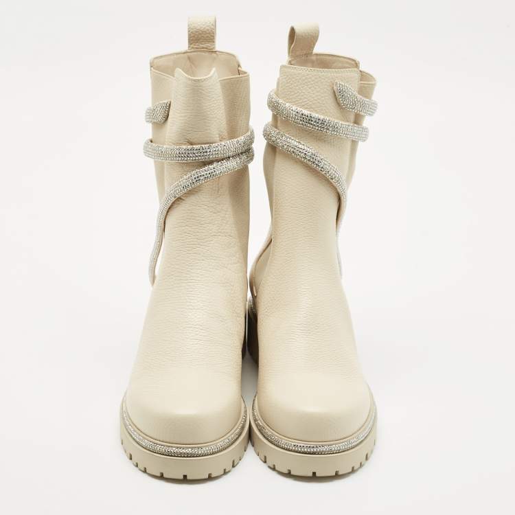 Pre Owned René Caovilla Ivory Leather Cleo Ankle Length Boots Size 39