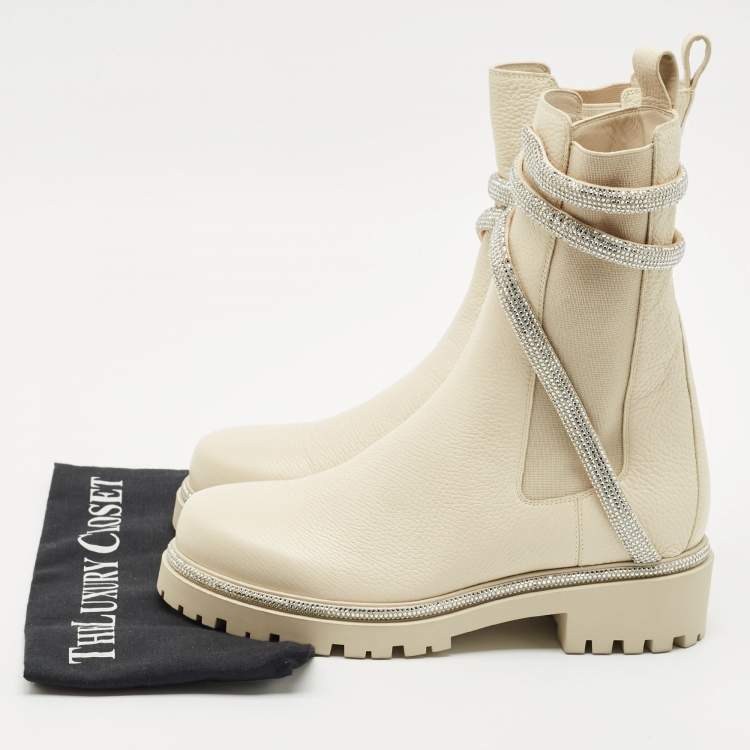 Pre Owned René Caovilla Ivory Leather Cleo Ankle Length Boots Size 39