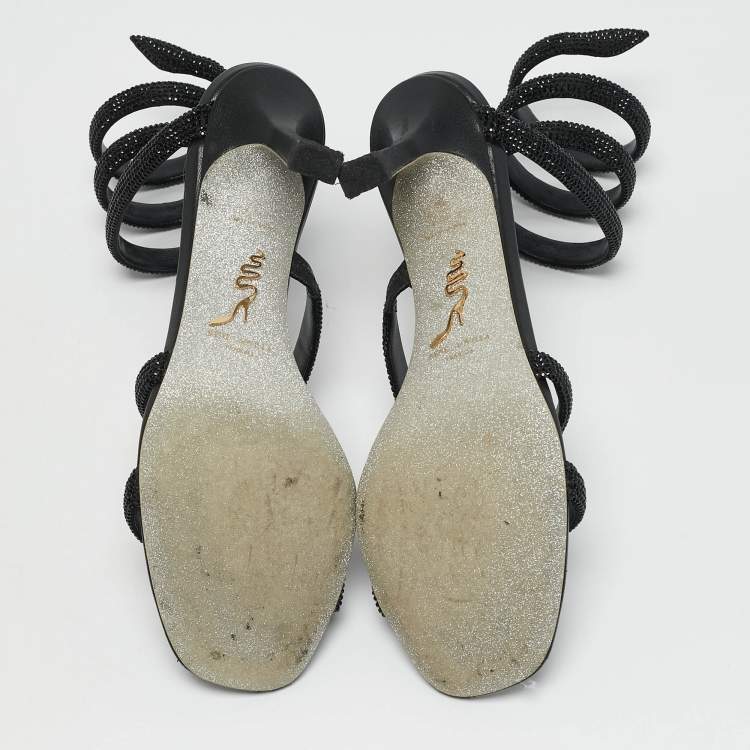 Pre Owned René Caovilla Black Satin Crystal Embellished Cleo Sandals Size 37