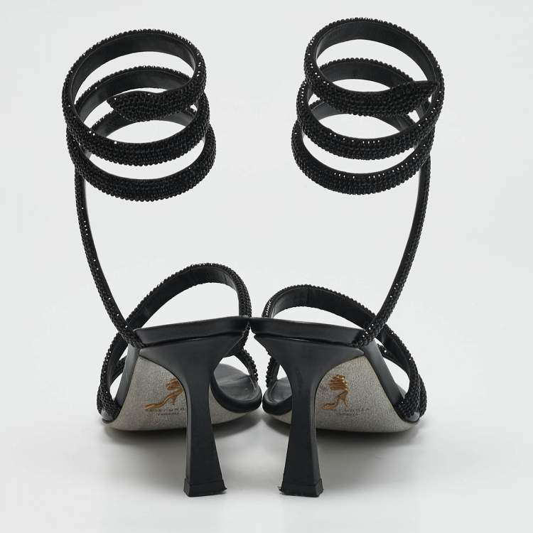 Pre Owned René Caovilla Black Satin Crystal Embellished Cleo Sandals Size 37