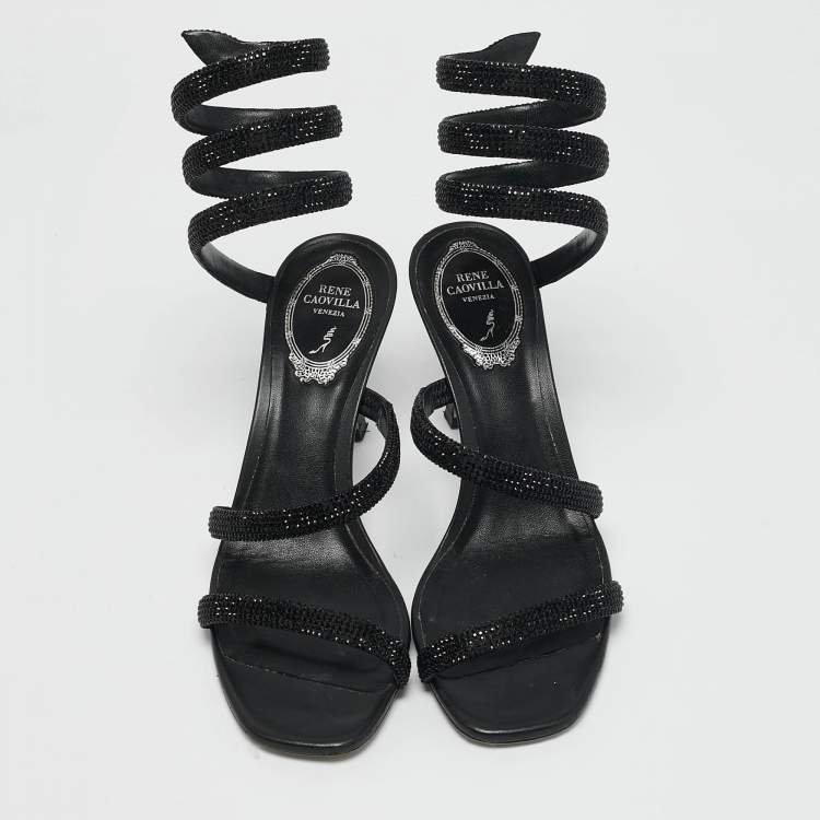 Pre Owned René Caovilla Black Satin Crystal Embellished Cleo Sandals Size 37