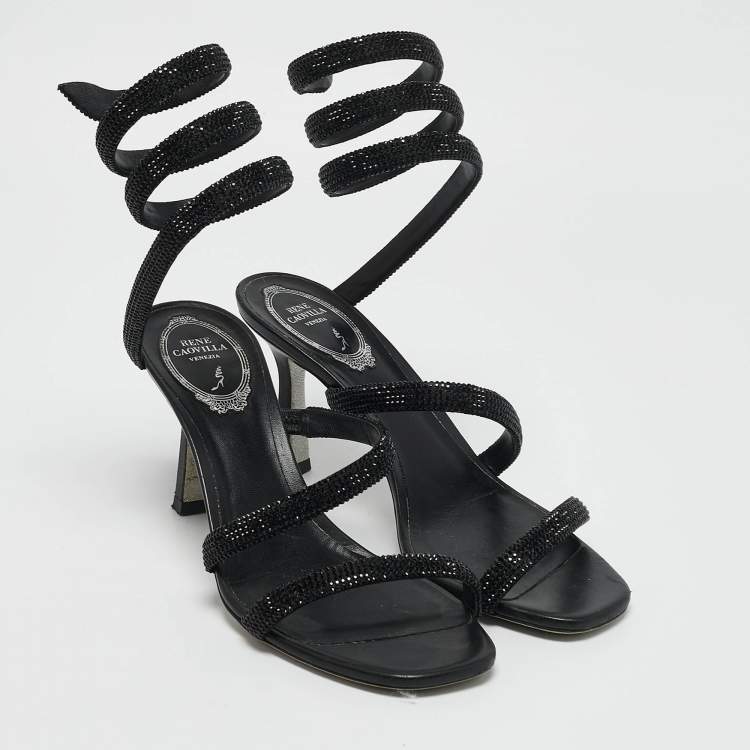 Pre Owned René Caovilla Black Satin Crystal Embellished Cleo Sandals Size 37