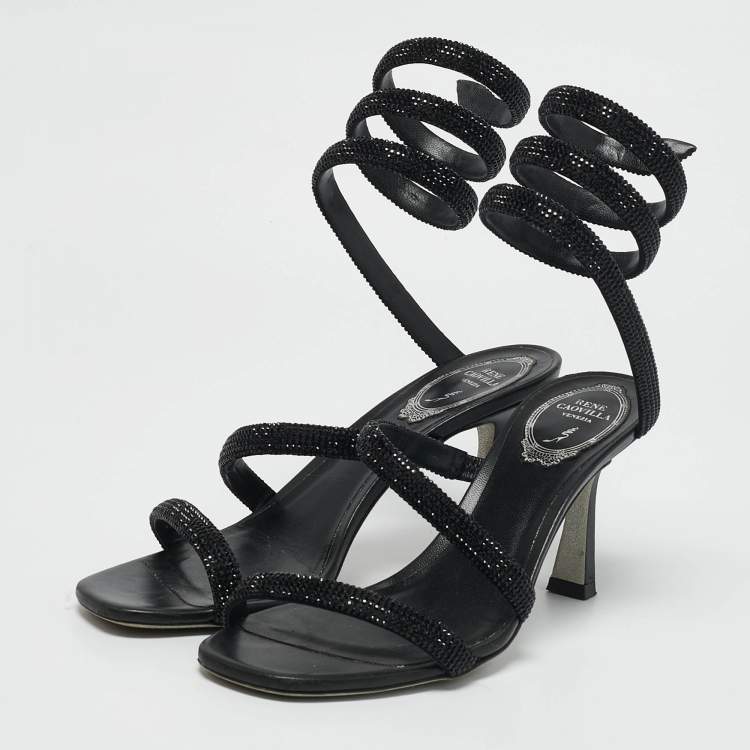 Pre Owned René Caovilla Black Satin Crystal Embellished Cleo Sandals Size 37