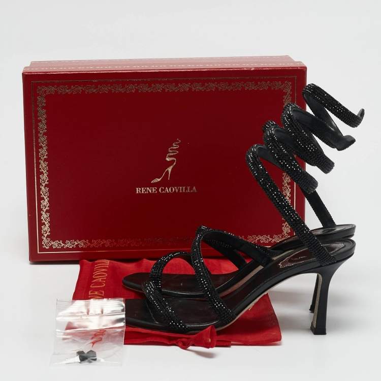Pre Owned René Caovilla Black Satin Crystal Embellished Cleo Sandals Size 37