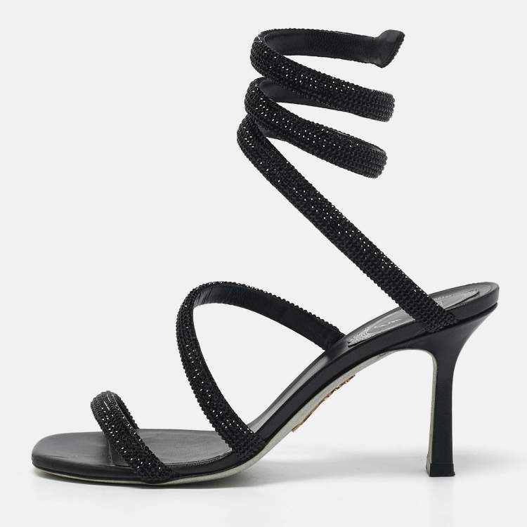 Pre Owned René Caovilla Black Satin Crystal Embellished Cleo Sandals Size 37