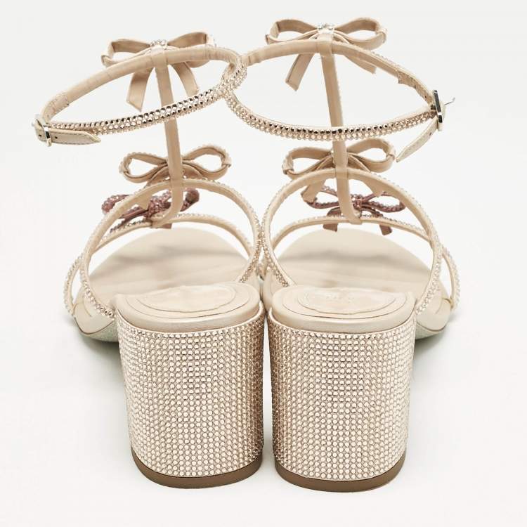 Pre Owned René Caovilla Pink Crystal Embellished Satin Sandals Size 38