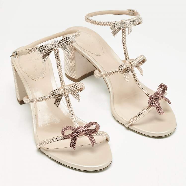 Pre Owned René Caovilla Pink Crystal Embellished Satin Sandals Size 38