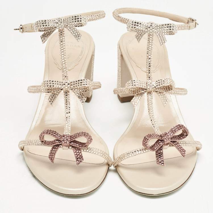 Pre Owned René Caovilla Pink Crystal Embellished Satin Sandals Size 38
