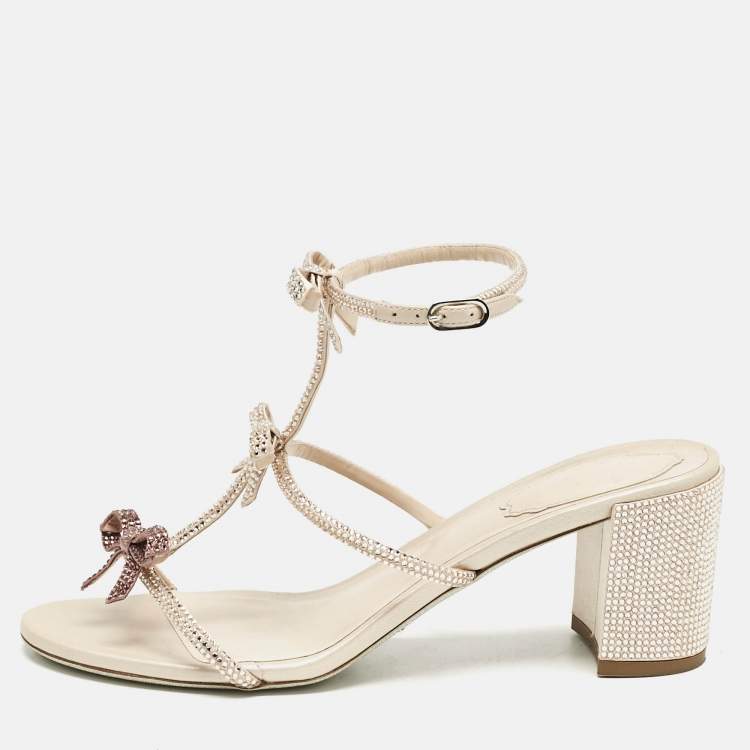 Pre Owned René Caovilla Pink Crystal Embellished Satin Sandals Size 38