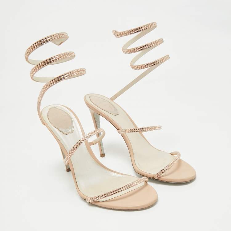 Pre Owned René Caovilla Beige Leather Crystal Embellished Cleo Sandals Size 40.5