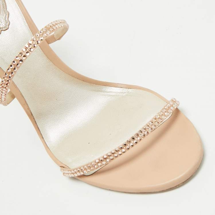 Pre Owned René Caovilla Beige Leather Crystal Embellished Cleo Sandals Size 40.5
