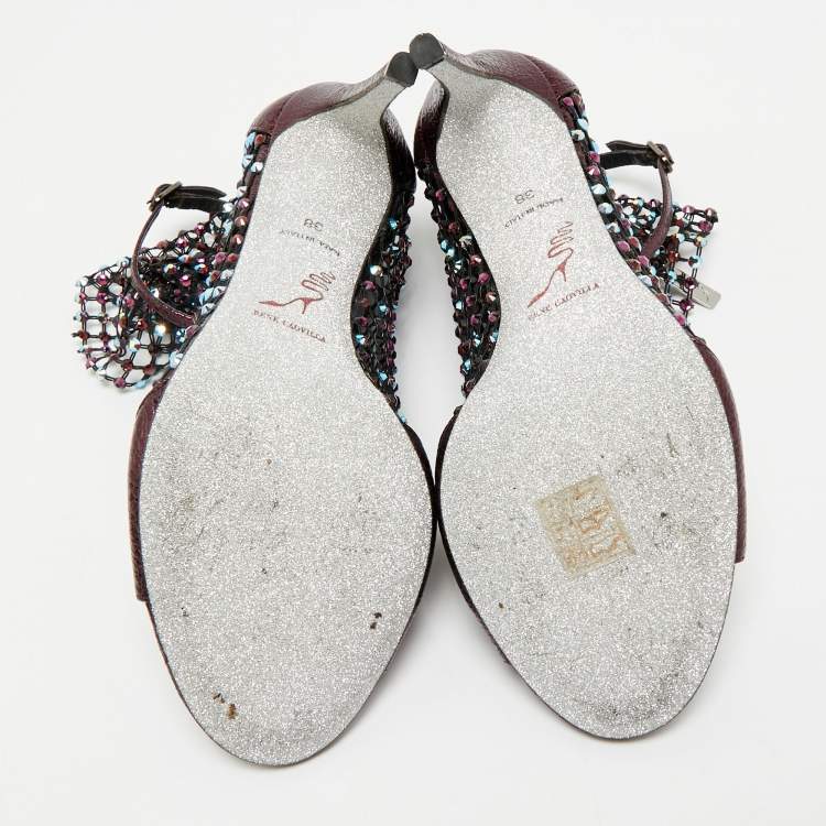 Pre Owned Rene Caovilla Metalic Purple Texture Leather And Lace Crystal Embellished Galaxia Booties Size 38