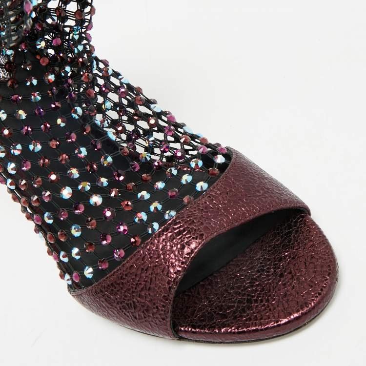 Pre Owned Rene Caovilla Metalic Purple Texture Leather And Lace Crystal Embellished Galaxia Booties Size 38
