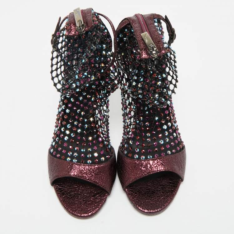 Pre Owned Rene Caovilla Metalic Purple Texture Leather And Lace Crystal Embellished Galaxia Booties Size 38