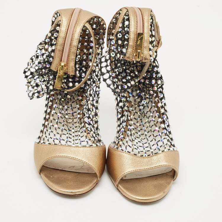Pre Owned Rene Caovilla Gold/Black Mesh and Leather Crystal Embellished Galaxia Boots Size 38